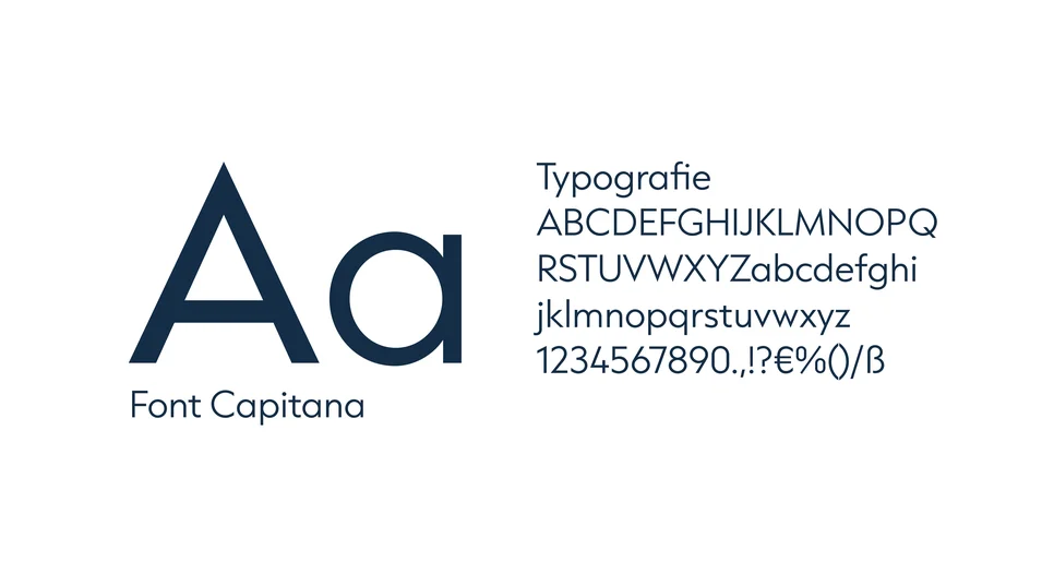Darstellung der Hausschrift „Capitana“ mit Buchstabenbeispielen und Ziffern. Die moderne, klare Typografie unterstreicht die professionelle Markenkommunikation von Valentcura.
