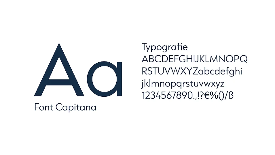 Darstellung der Hausschrift „Capitana“ mit Buchstabenbeispielen und Ziffern. Die moderne, klare Typografie unterstreicht die professionelle Markenkommunikation von Valentcura.