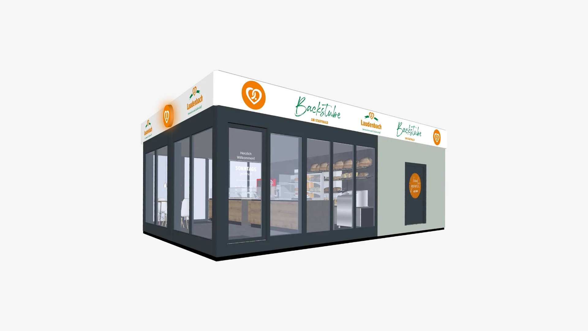 Visualisierung einer modernen Laudenbach-Filiale mit Glasfassade, Markenlogo und Backstube – Gestaltungskonzept für ein einladendes Ladenbild.