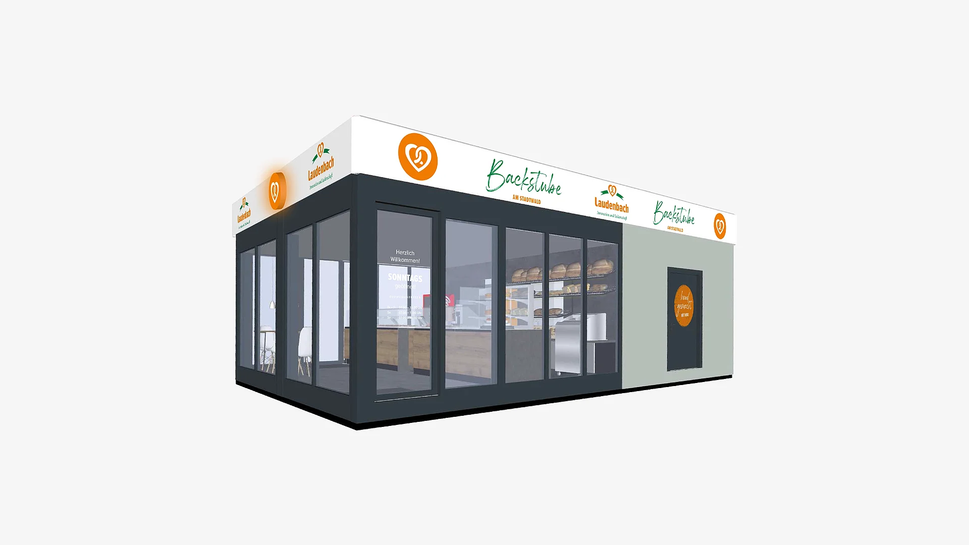 Visualisierung einer modernen Laudenbach-Filiale mit Glasfassade, Markenlogo und Backstube – Gestaltungskonzept für ein einladendes Ladenbild.