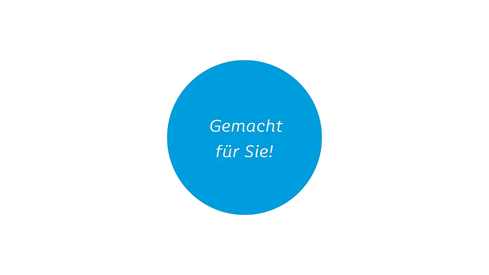 Sachsenweger Marken-Element – blauer runder Störer mit Schriftzug „Gemacht für Sie!“.