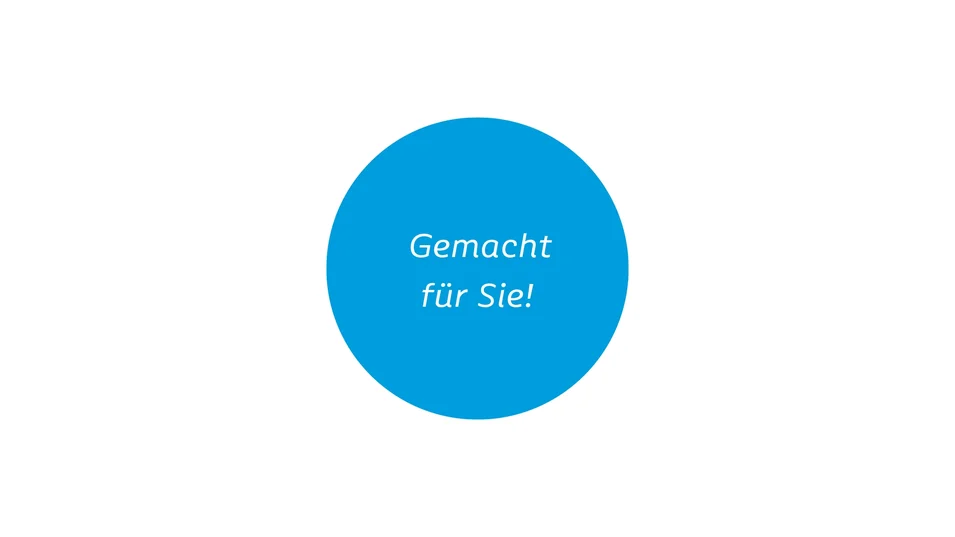 Sachsenweger Marken-Element – blauer runder Störer mit Schriftzug „Gemacht für Sie!“.