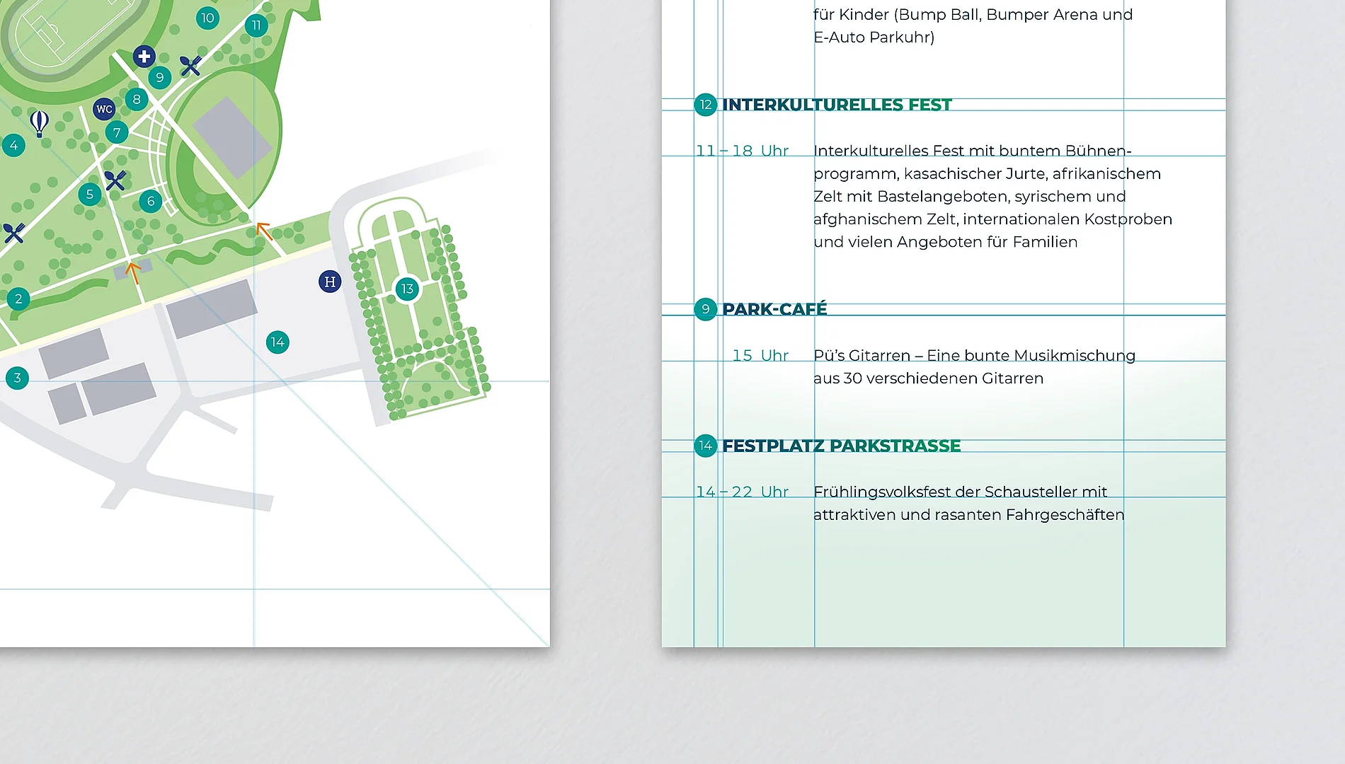 Flyer-Gestaltung für das Geraer Hofwiesenparkfest, mit Geländeplan und Programmübersicht.