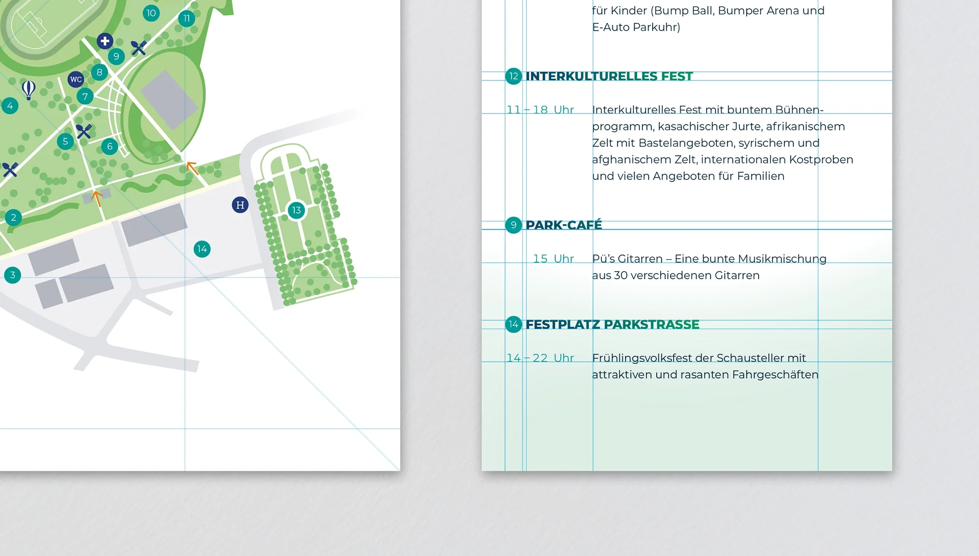 Flyer-Gestaltung für das Geraer Hofwiesenparkfest, mit Geländeplan und Programmübersicht.
