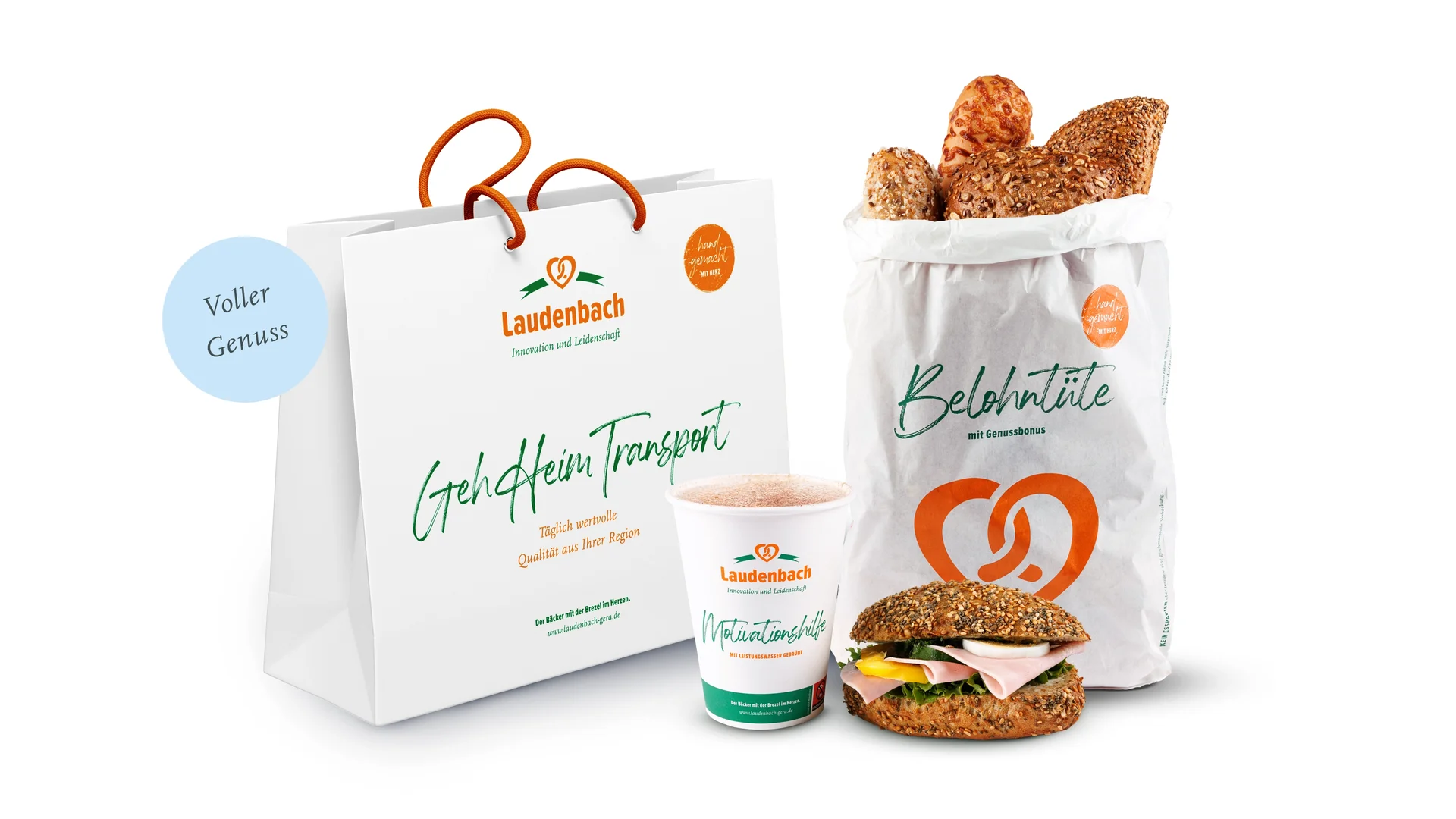 Brotbeutel, Kaffeebecher und Sandwich mit Corporate Design der Bäckerei Laudenbach