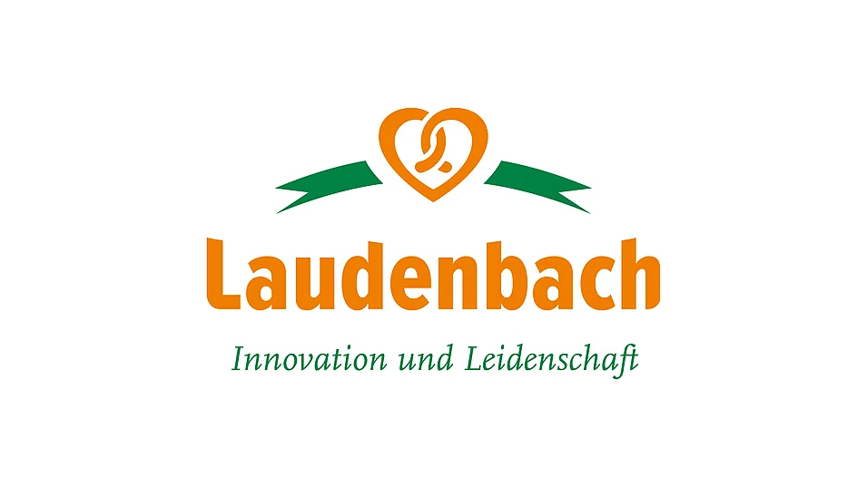 Logo der Bäckerei Laudenbach mit Herz-Brezel und Slogan „Innovation und Leidenschaft“