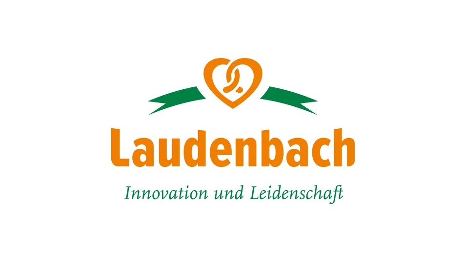 Logo der Bäckerei Laudenbach mit Herz-Brezel und Slogan „Innovation und Leidenschaft“