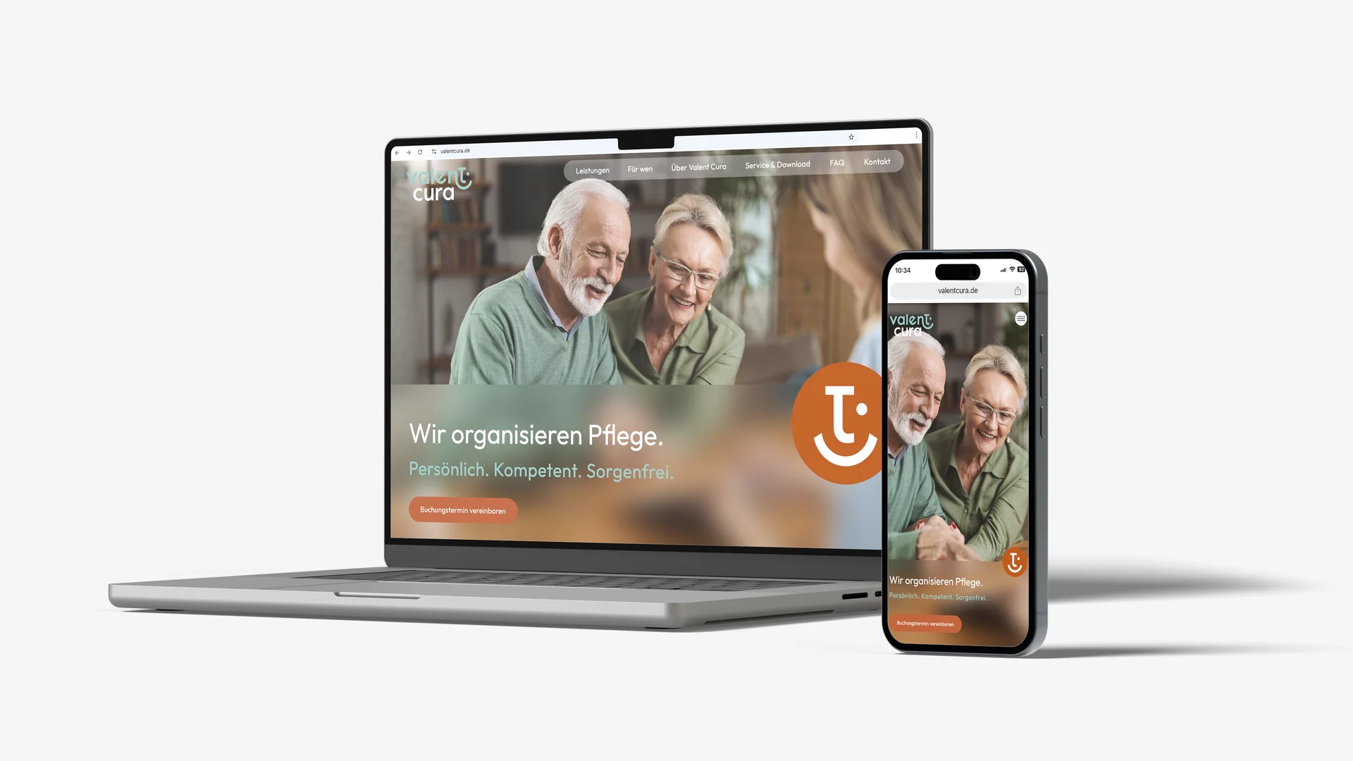 Valent Cura Website mit Titelmotiv älteres Paar, dargestellt auf Laptop und Smartphone