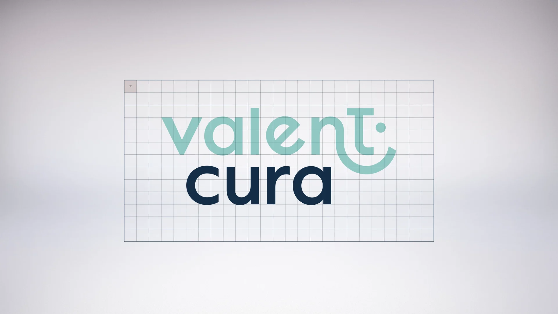 Logo von valent cura auf weißem Hintergrund mit eingezeichnetem Sicherheitsabstand im Raster – modernes, klar strukturiertes Design mit harmonischer Typografie.
