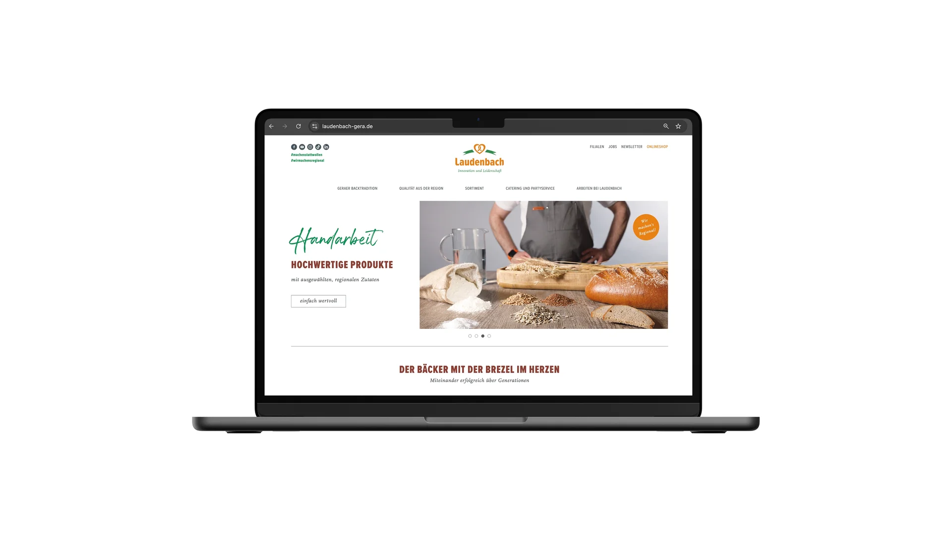 Website der Bäckerei Laudenbach mit Startseite und Bild eines Brotbacktisches