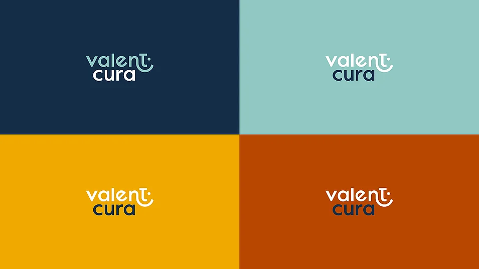 Das Logo von Valentcura wird in verschiedenen Farbwelten gezeigt – von Dunkelblau bis Orange. Die Farbvielfalt stärkt die Markenidentität und sorgt für flexible Einsatzmöglichkeiten.