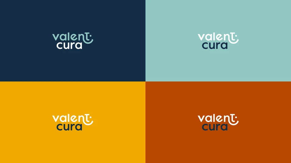 Das Logo von Valentcura wird in verschiedenen Farbwelten gezeigt – von Dunkelblau bis Orange. Die Farbvielfalt stärkt die Markenidentität und sorgt für flexible Einsatzmöglichkeiten.