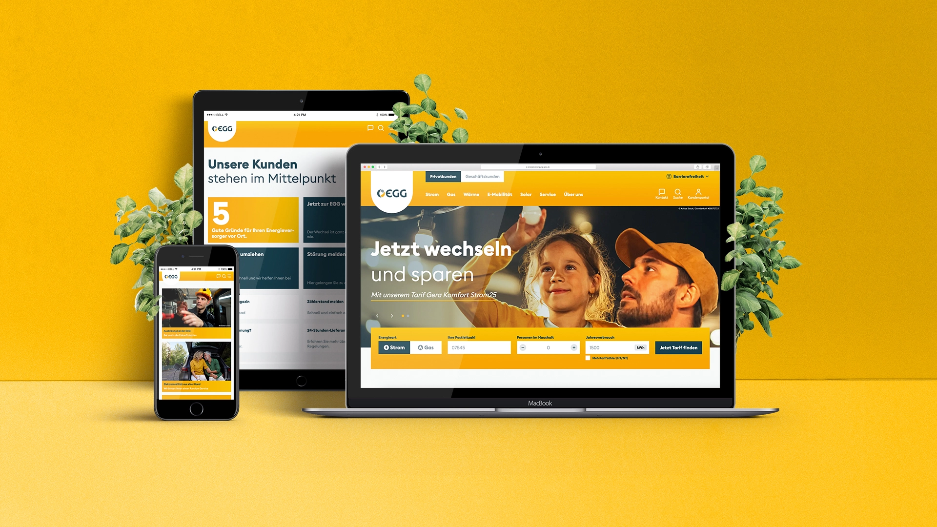Webdesign der Energieversorgung Gera auf Laptop, Tablet und Smartphone.