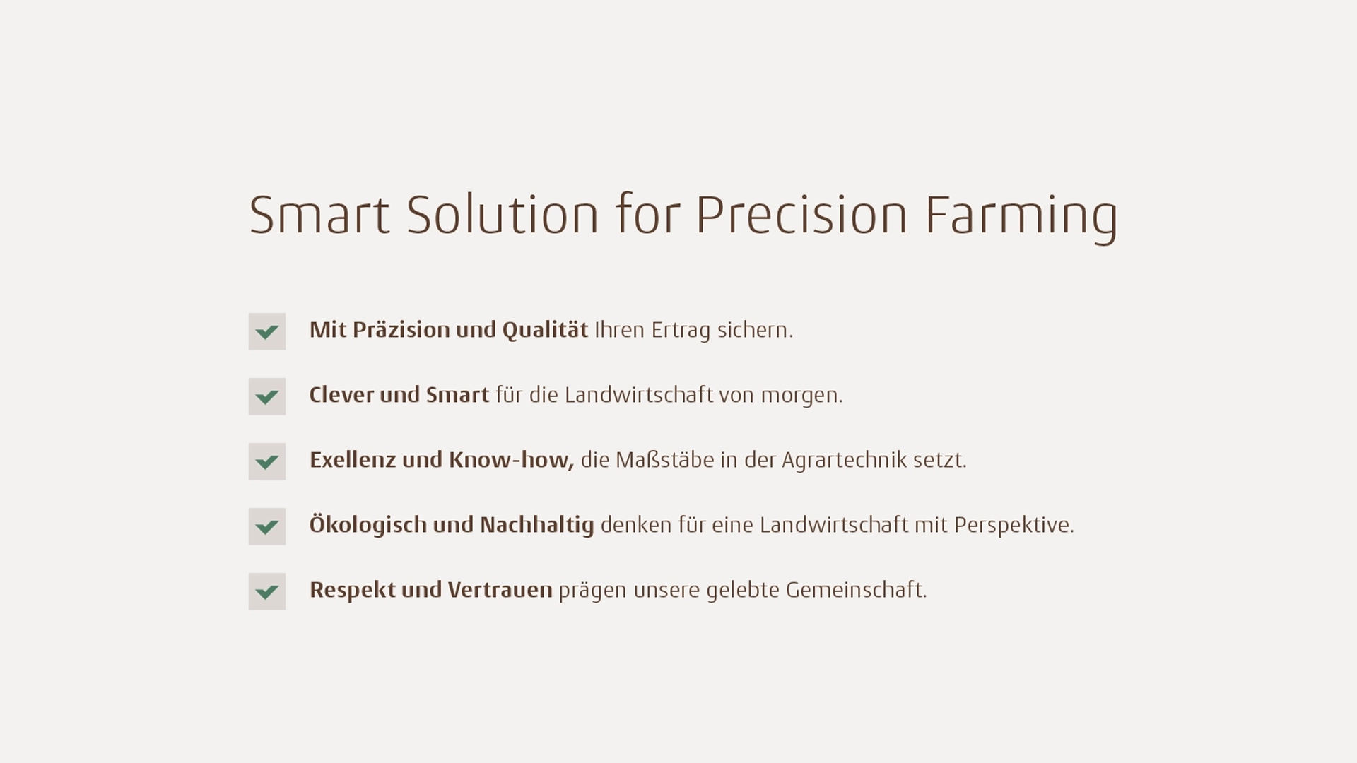 Markenleitbild von LACOS mit Claim Smart Solution for Precision Farming und fünf Werten: Präzision, Cleverness, Exzellenz, Nachhaltigkeit, Vertrauen.