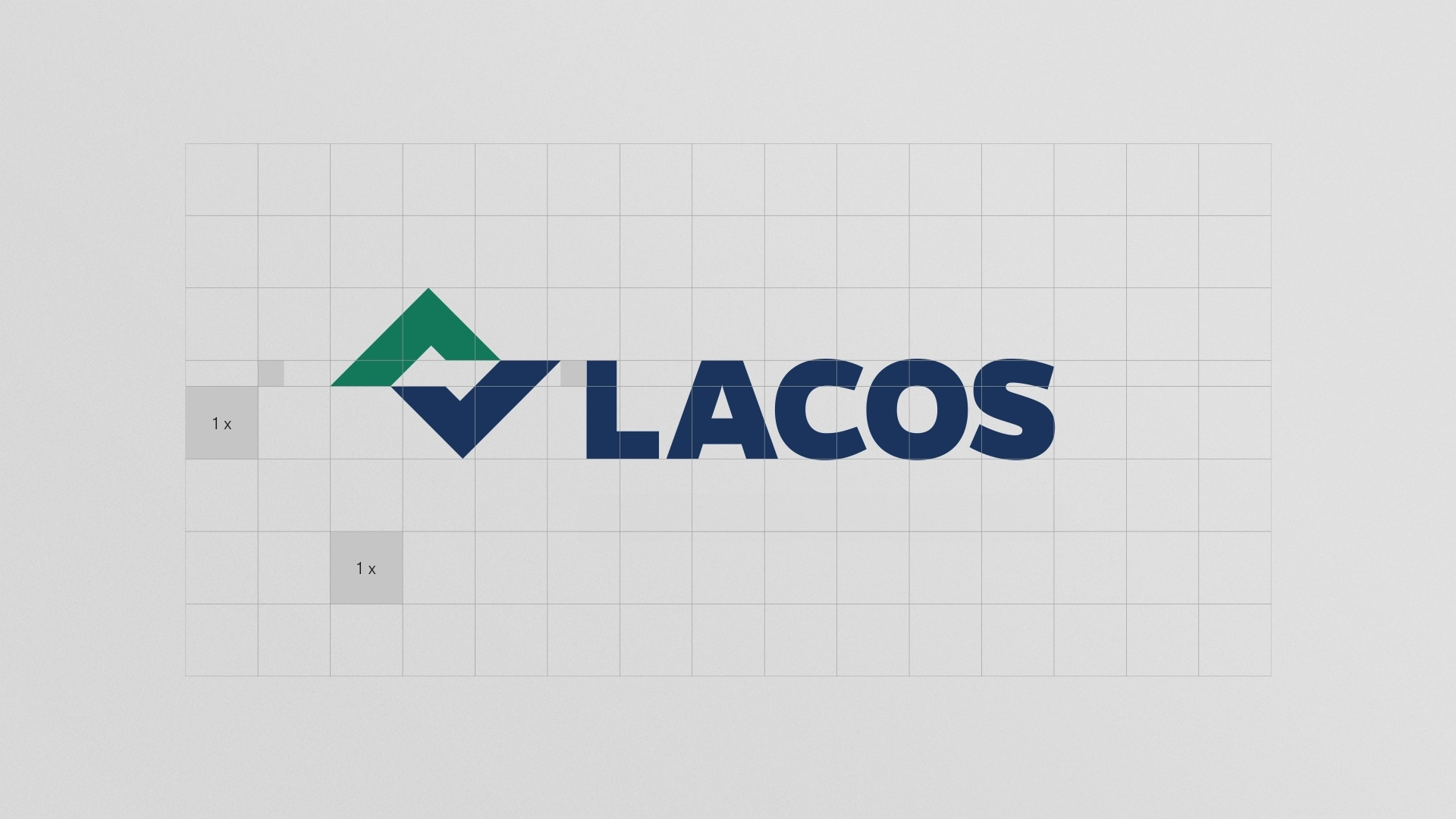 Gestaltungsraster der LACOS Wort-Bildmarke – exakte Proportionen für Corporate Design Anwendungen.