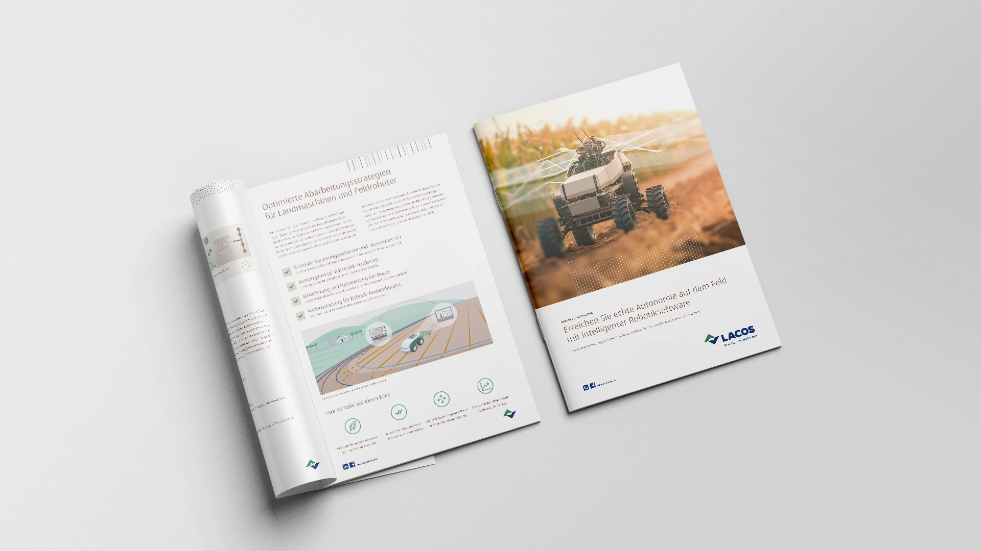 Geöffnete und geschlossene LACOS-Broschüre mit Roboterfahrzeug im Feld und Infografiken zu autonomen Landmaschinen.