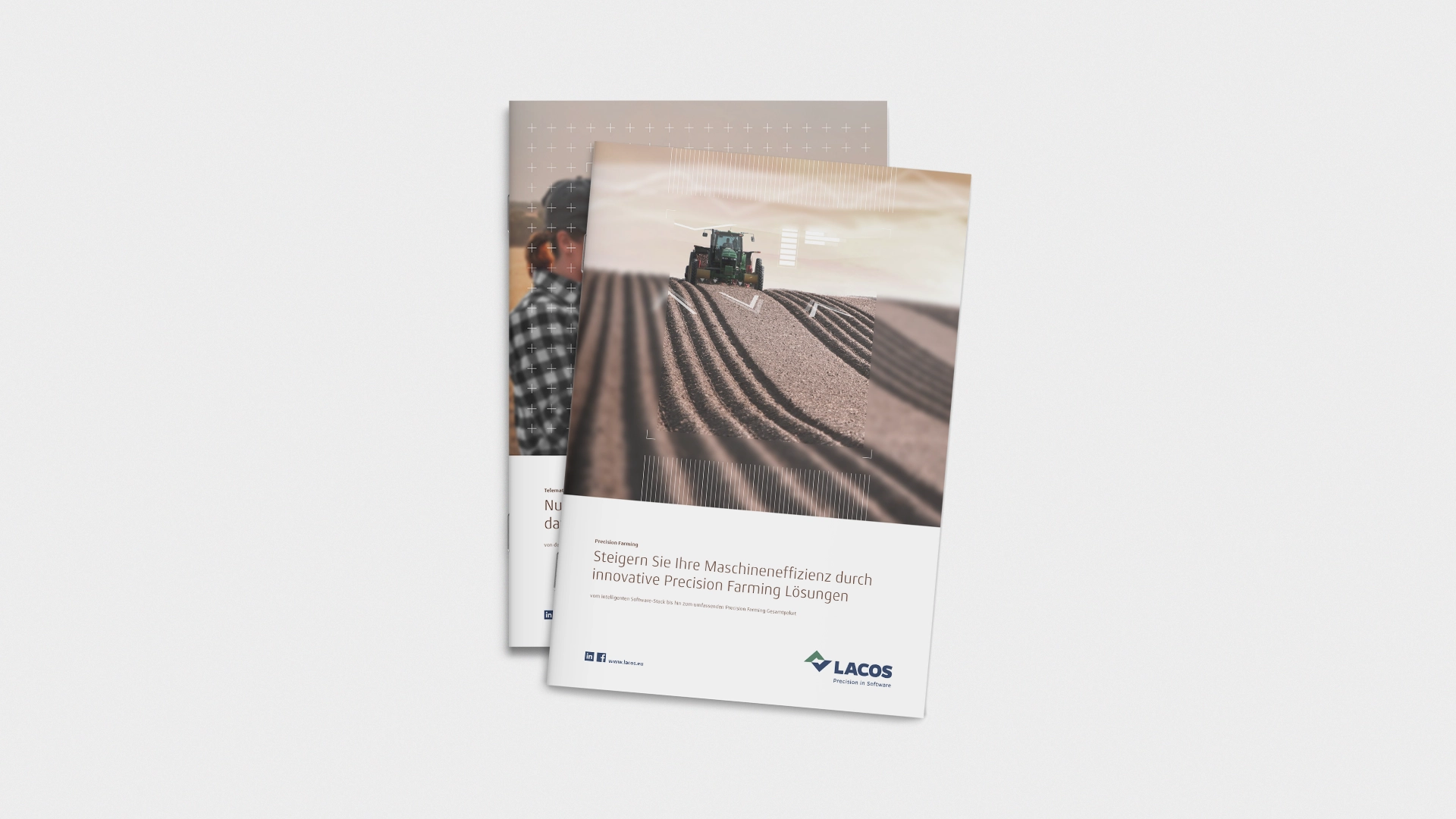 Zwei überlappende LACOS-Broschüren mit Traktor im Ackerbau und Text zu innovativen Precision-Farming-Lösungen.