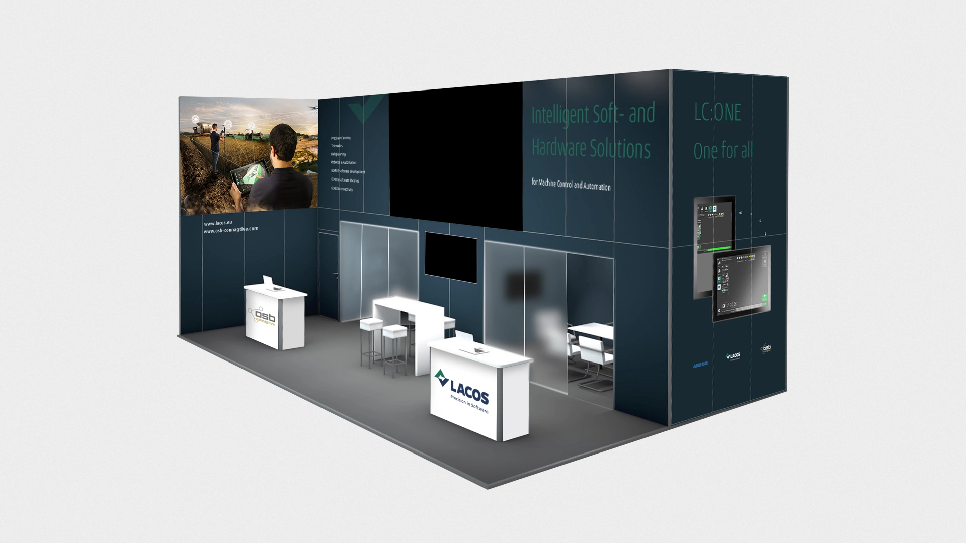 Moderner Messestand von LACOS mit Branding und digitalen Displays – Präsentation innovativer Software- und Hardwarelösungen für Landtechnik.