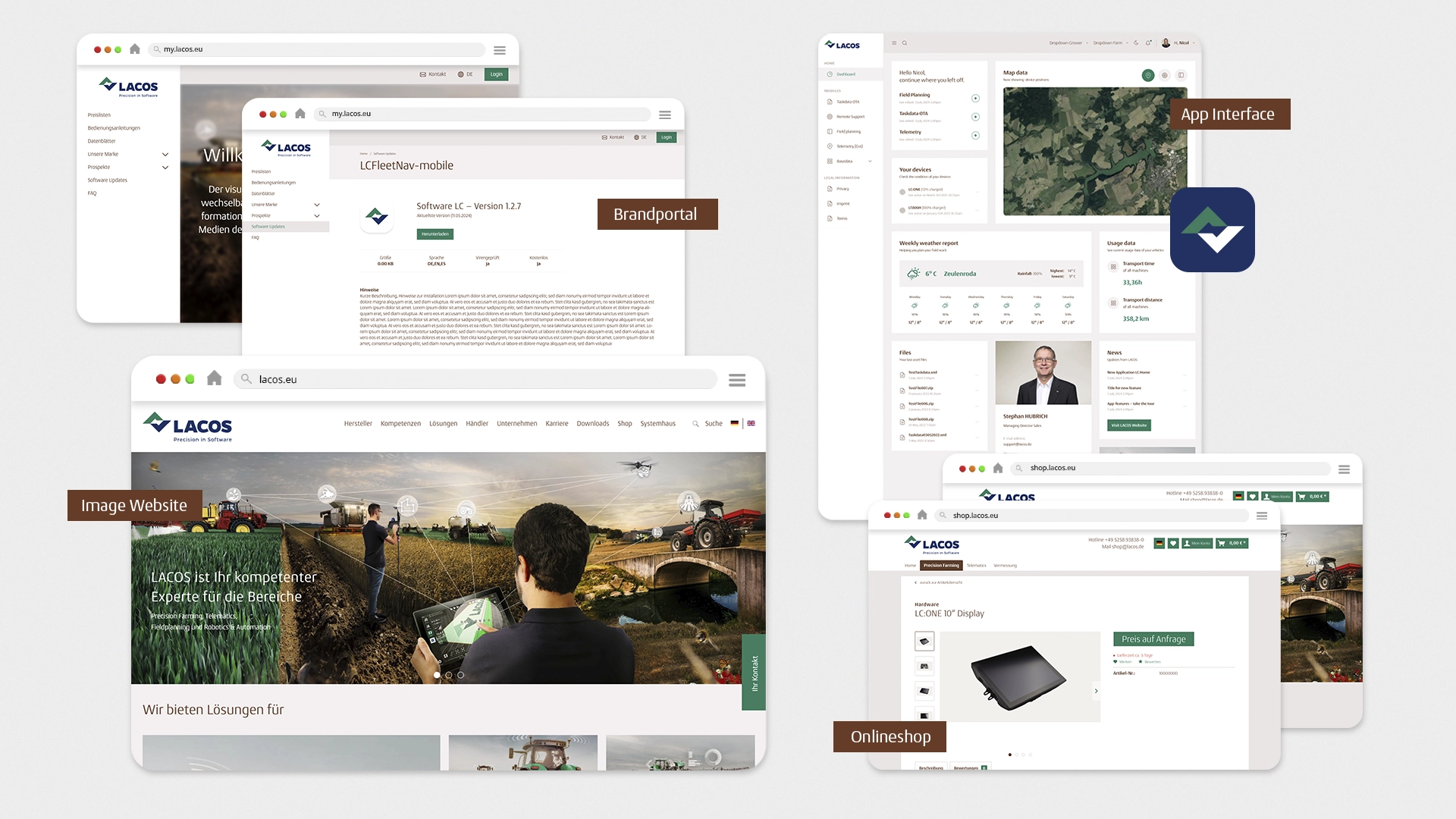 Webdesign und UX/UI-Programmierung für LACOS: Image-Website, Onlineshop, App-Interface und Brandportal – digitale Lösungen für Precision Farming, Softwareentwicklung und Landwirtschaft.