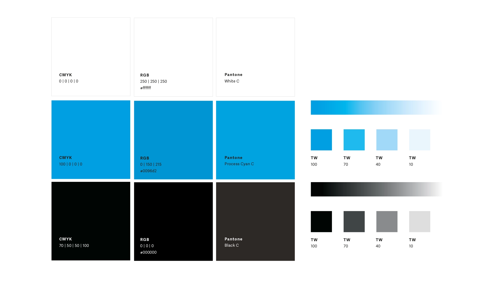 Hausfarben – Farbsystem mit CMYK, RGB und Pantone Werten in Weiß, Cyanblau und Schwarz für Corporate Design.