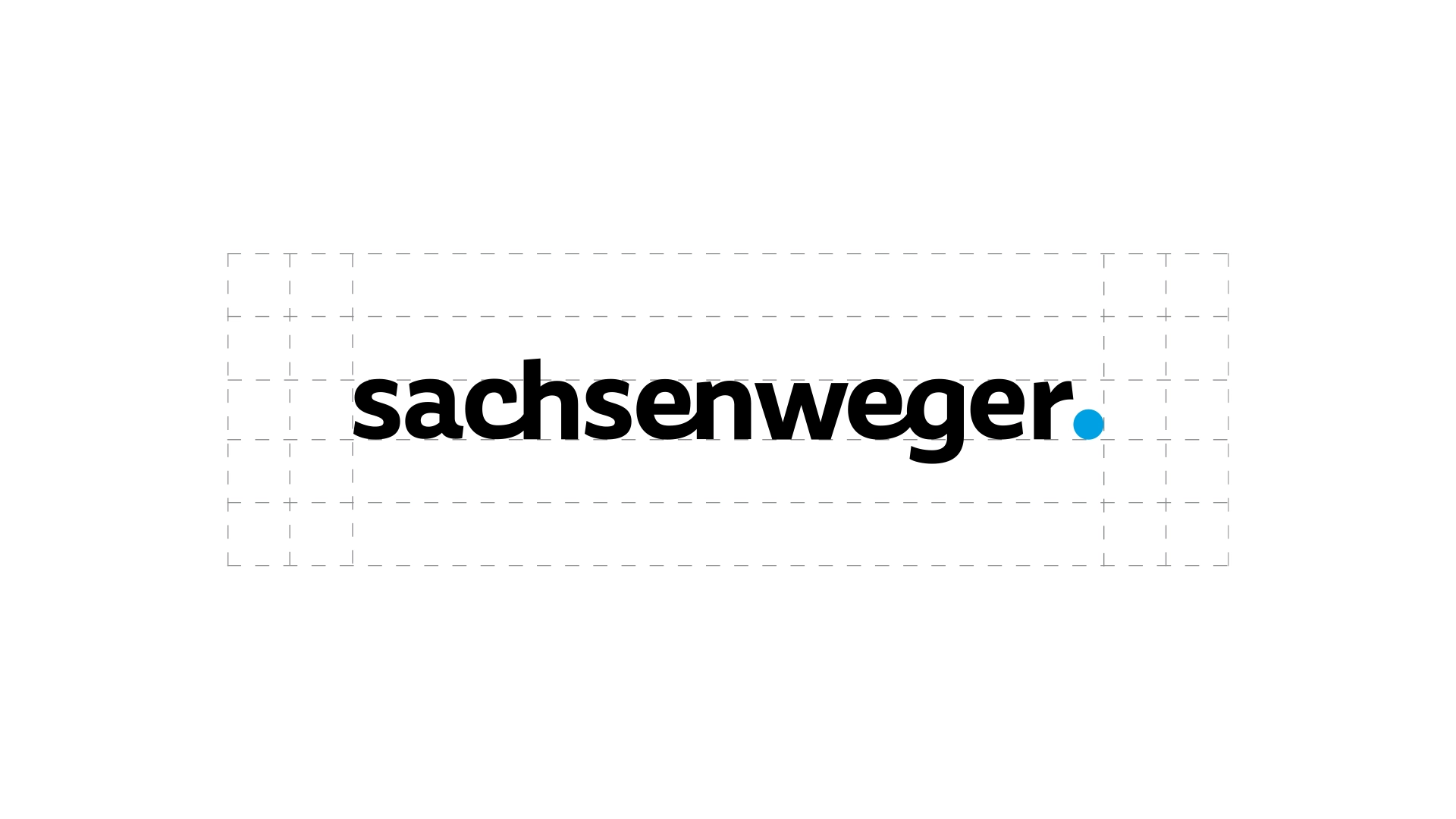 Sachsenweger Logo-Konstruktion – Wortmarke mit Rasterlinien und blauem Punkt als Gestaltungselement.