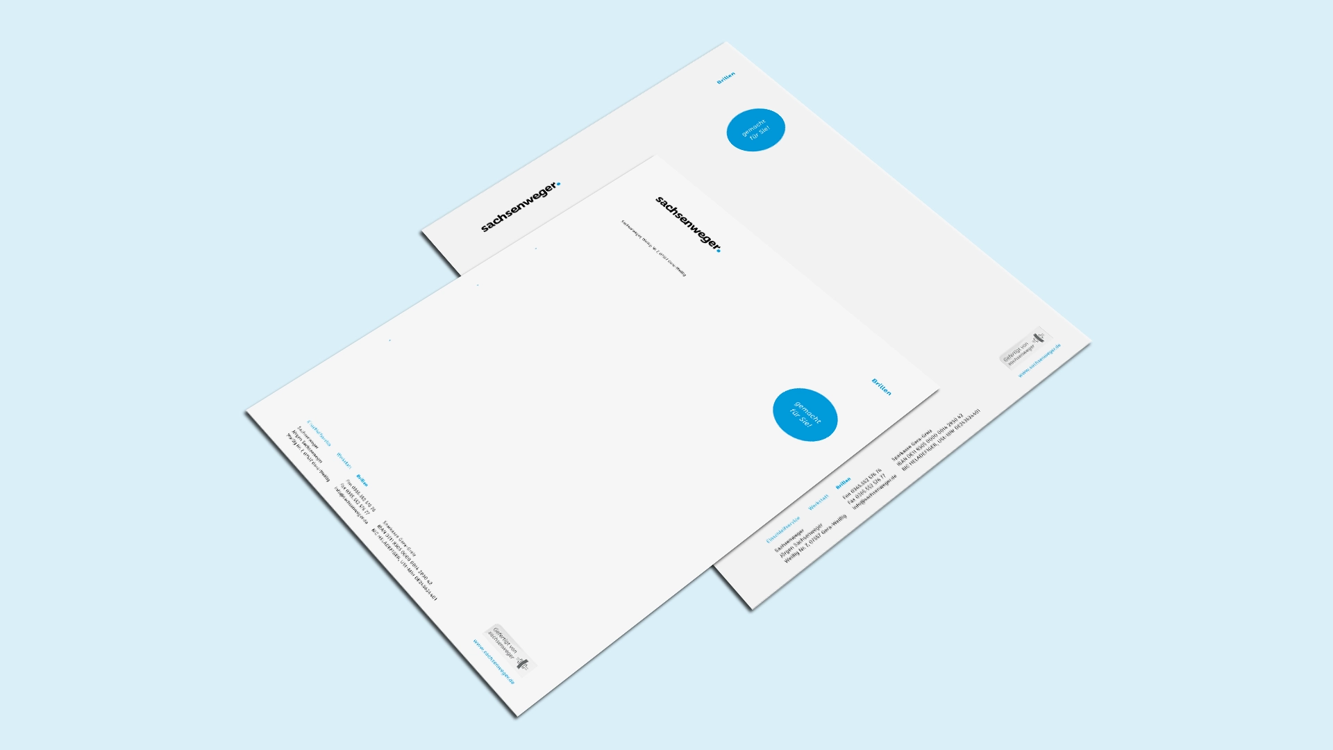 Geschäftsausstattung Sachsenweger – moderner Briefbogen mit Logo und blauem Corporate Design.