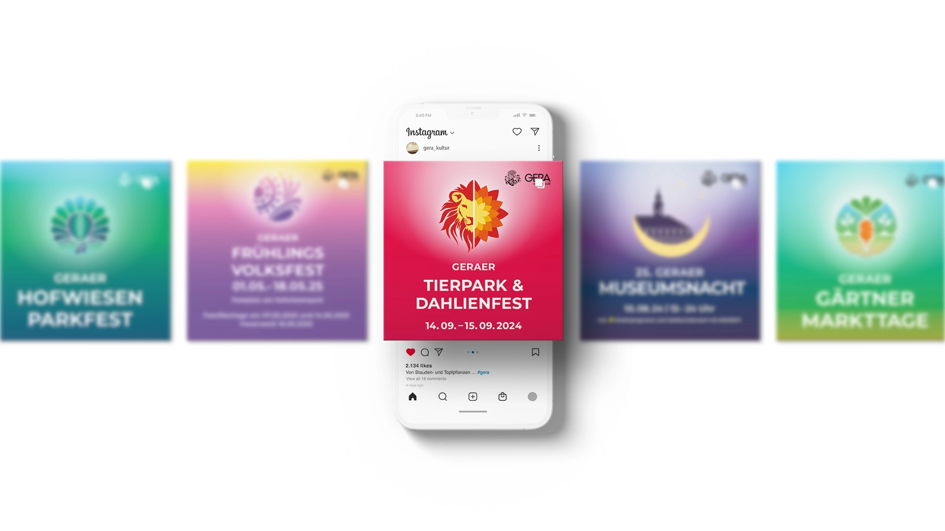 Social-Media-Design für das Kulturamt Stadt Gera mit Eventreihe auf Instagram und bunten Vorschaugrafiken.