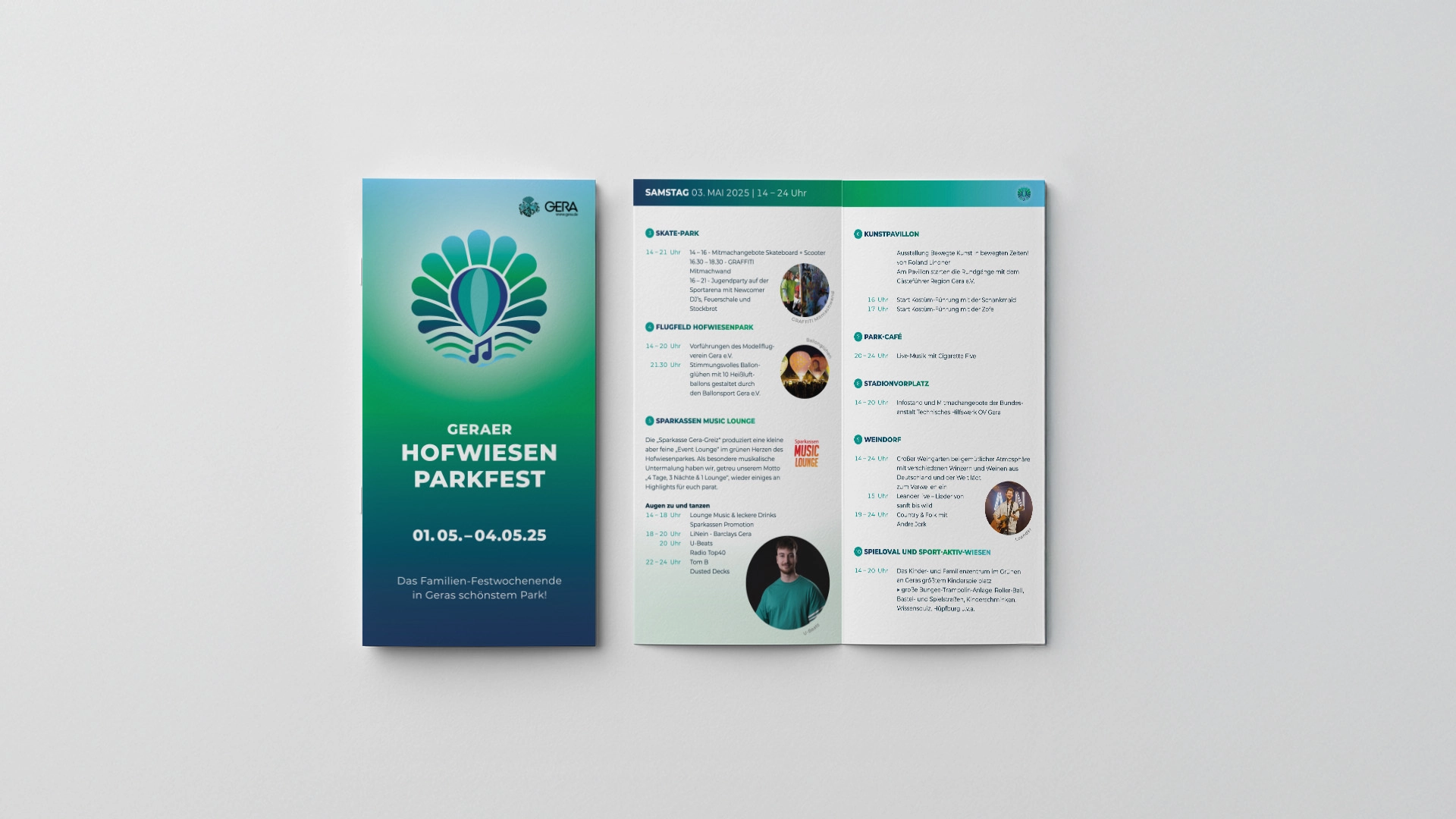 Flyer-Design zum Geraer Hofwiesenparkfest mit Programmübersicht und modernem Eventlayout.