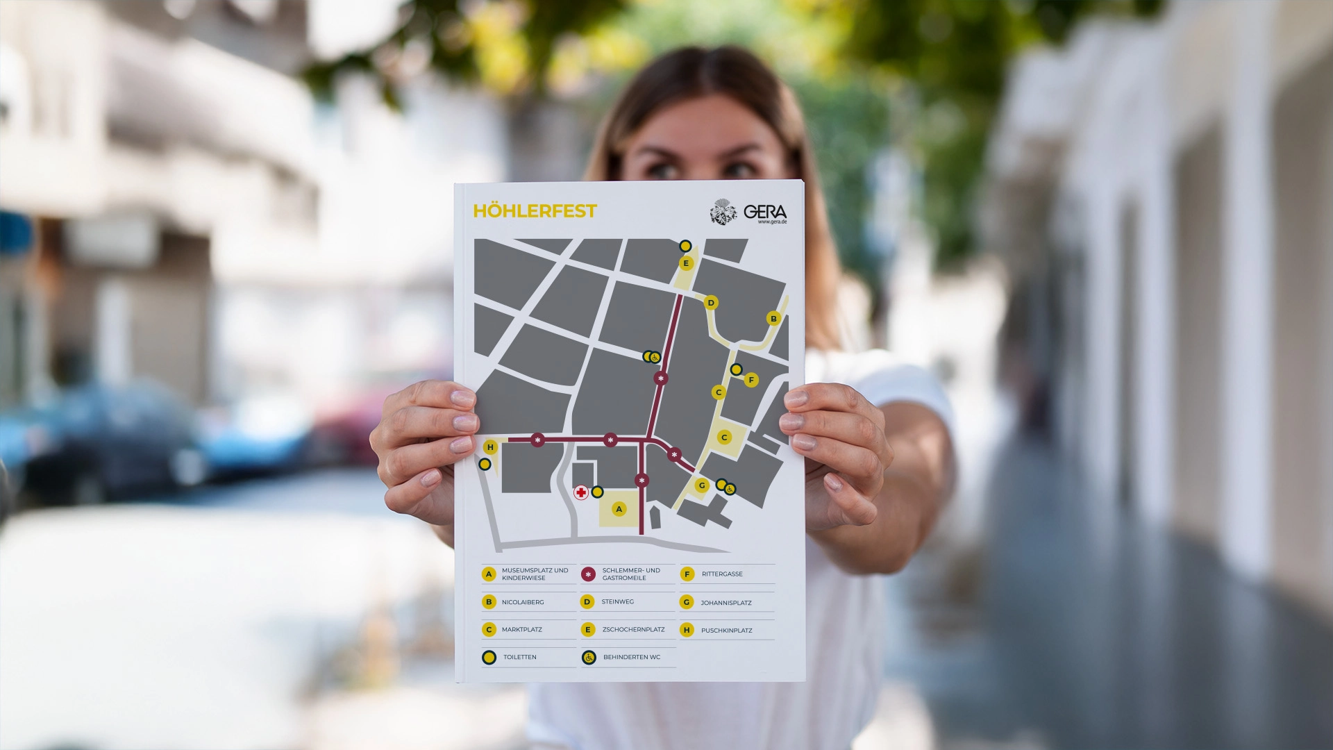 Übersichtskarte zum Höhlerfest Gera als handliches Infodesign für Besucherinnen und Besucher.
