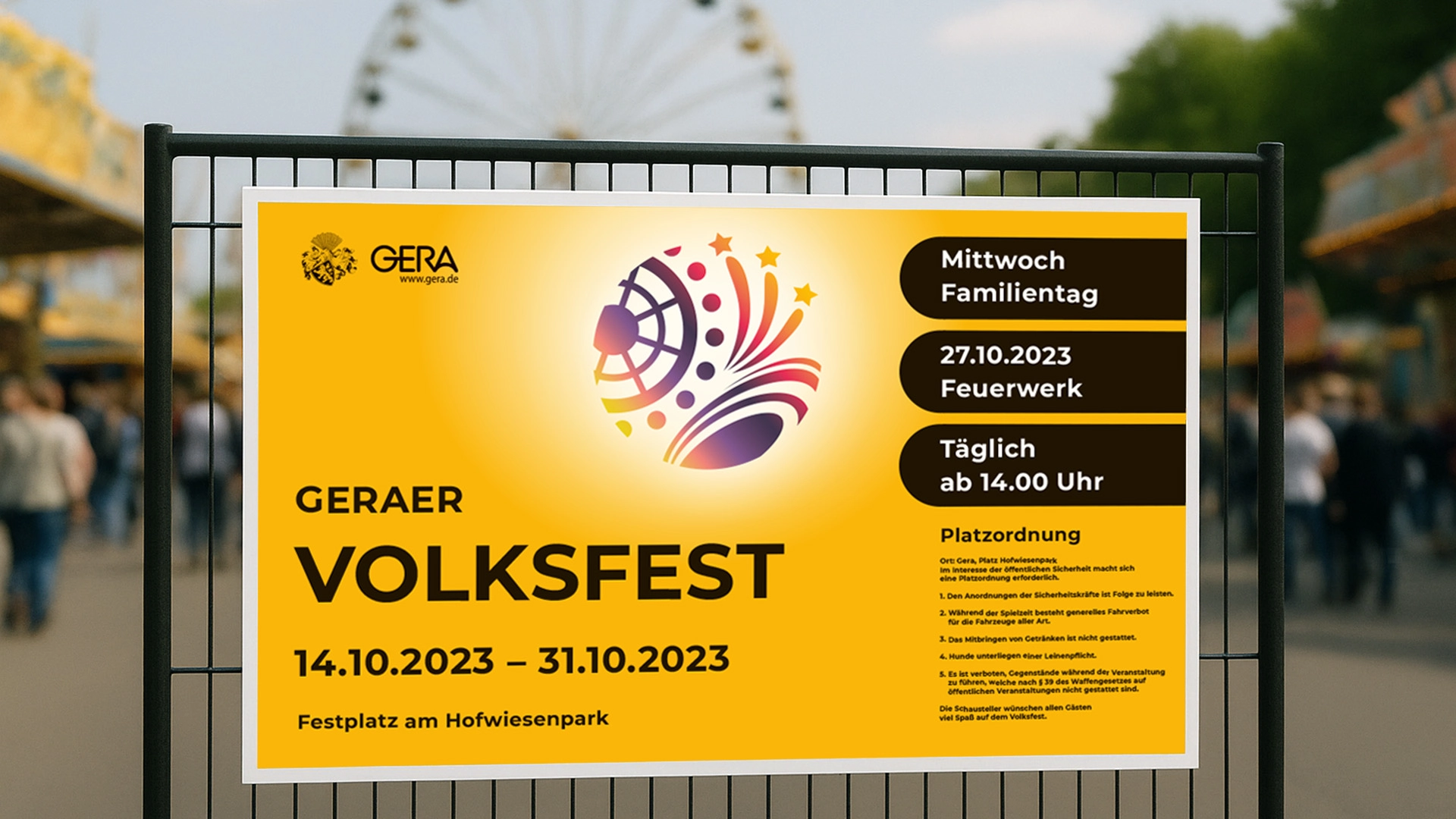 Plakatgestaltung für das Geraer Volksfest – auffälliges Design in Gelb mit Event-Logo und Terminhinweisen.